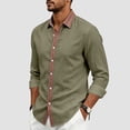 thumbnail image 2 of COMVALUE Men's Linen Shirt Long Sleeve Button Down Collar with Contrast Placket Regular Fit Casual Beach Tops (Army Green, L), 2 of 7