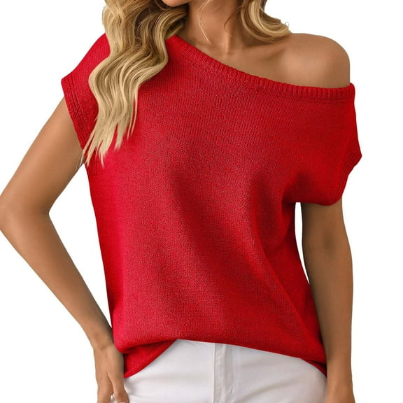 RMGVDSD Women's Summer Off The Shoulder Knit Tops 2025 Casual Short Sleeve Oversized Tunic T Shirt Solid Color Soft Pullover Sweater Top /Red