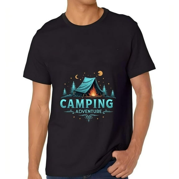 Men's Cotton Short Sleeve T-Shirt - Camping Graphic Tee with Tent Campfire and Starry Night Design