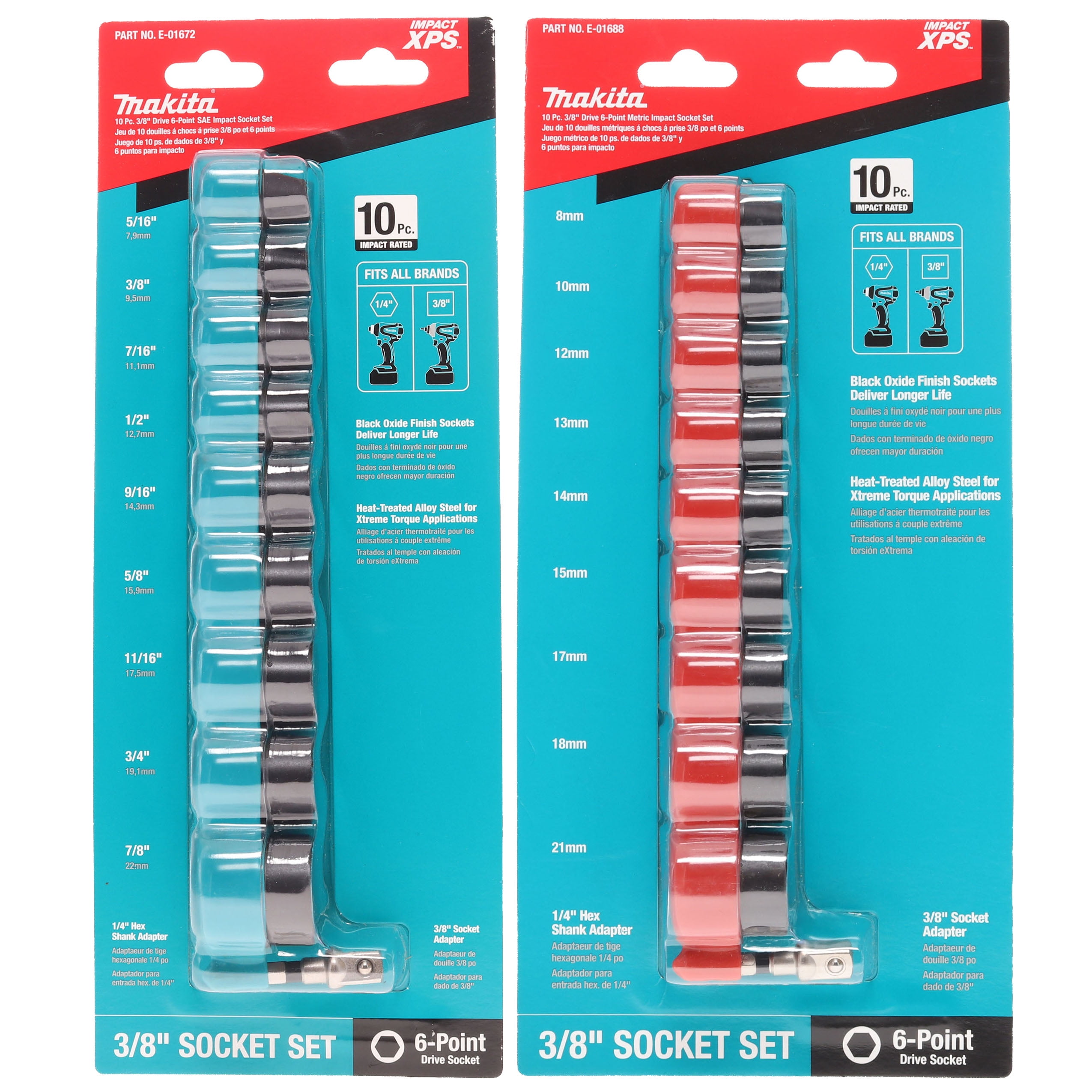 Makita E-01688 10pc 3/8in Metric XPS Socket Set and Makita E-01672 10pc 3/8in ASE XPS Socket Set