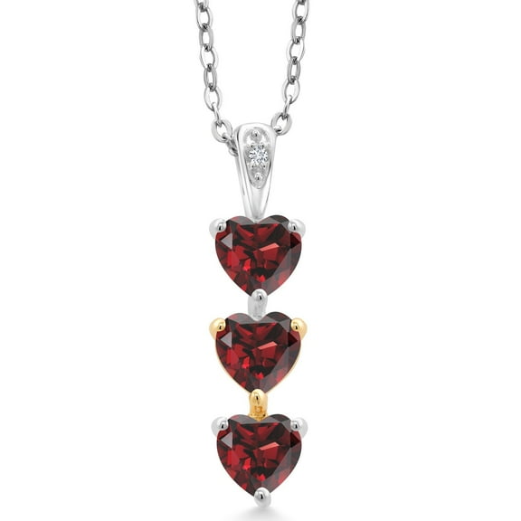 Gem Stone King Keren Hanan 925 Sterling Silver and 10K Yellow Gold Heart Shape Red Garnet 3 Stone Pendant Necklace for Women (1.81 Cttw, Gemstone Birthstone, with 18 inch Chain)