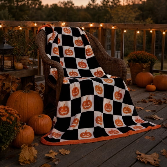 Halloween Throw Blanket, Halloween Checkered Pumpkin Print Flannel Throw Blanket Soft Warm Sofa Bed Holiday Decor Blanket, 59"x 59"