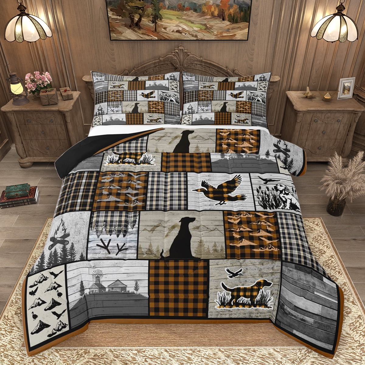 Homewish Jungle Adventure Full Size Comforter Sets Orange Plaid Patchwork Bedding Comforter Set Rustic Lodge Cabin Reversible Bedding Sets Super Cozy Room Decor 3-Piece