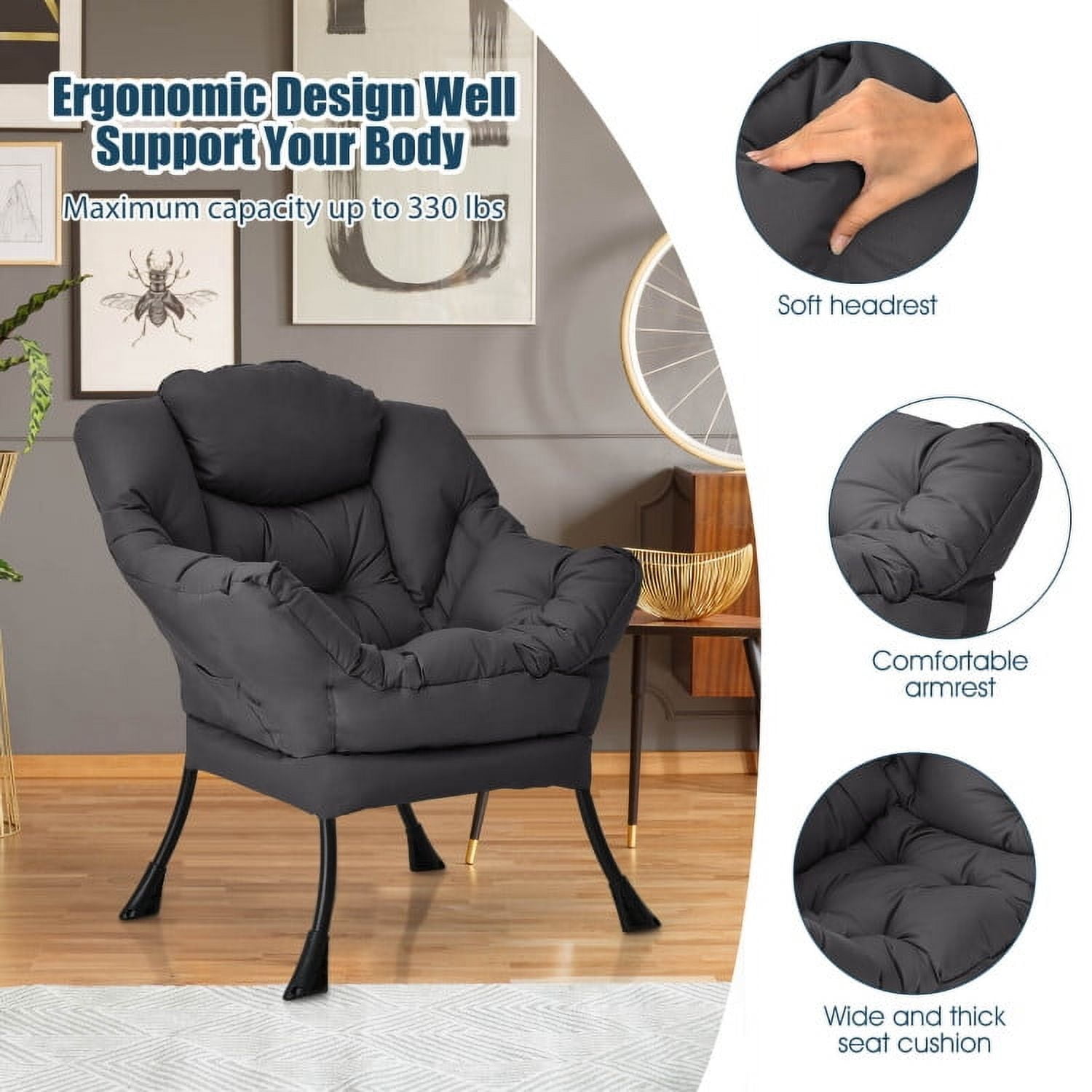 Demi Bonn Polyester Fabric Large Lazy Chair, Modern Accent Oversized Comfy Reading with Steel Frame and Side Pocket, for Living Room, Bedroom, Dorm, Gray