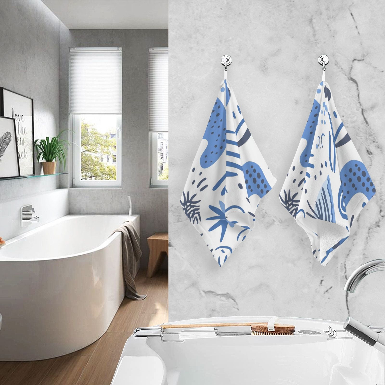 Abstract Blue Shapes Doodles Hand Towels Cotton Bath Towels Large Face Towels Absorbent for Bathroom 2 Packs