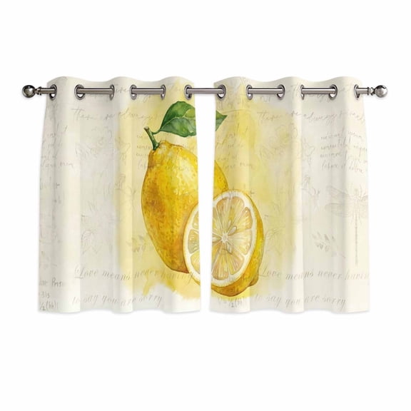 Lemon Kitchen Curtains Window Panels, Yellow Summer Botanical Watercolor Modern Art Insulated Window Treatment Curtain, Grommet Curtains for Bedroom/Living Room/Bathroom, 2 Piece 42"Wx54"L