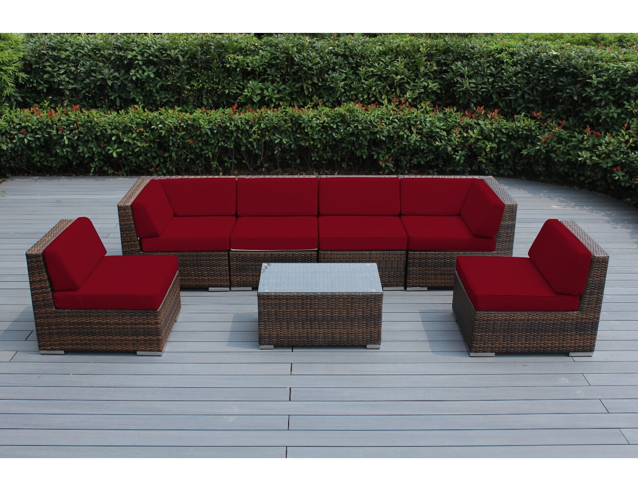 Ohana 7 Piece Outdoor Wicker Patio Furniture Sectional Conversation Set - Mixed Brown Wicker