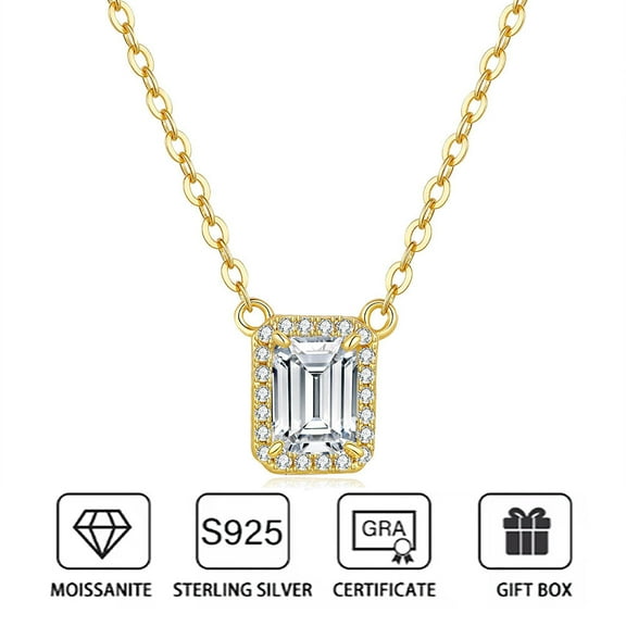 Atobao 1 CT Emerald Cut Moissanite Necklace Plated With 14K Gold D Color VVS1 Rectangle Diamond Pendant 925 Sterling Silver Chain Wedding Jewelry Party