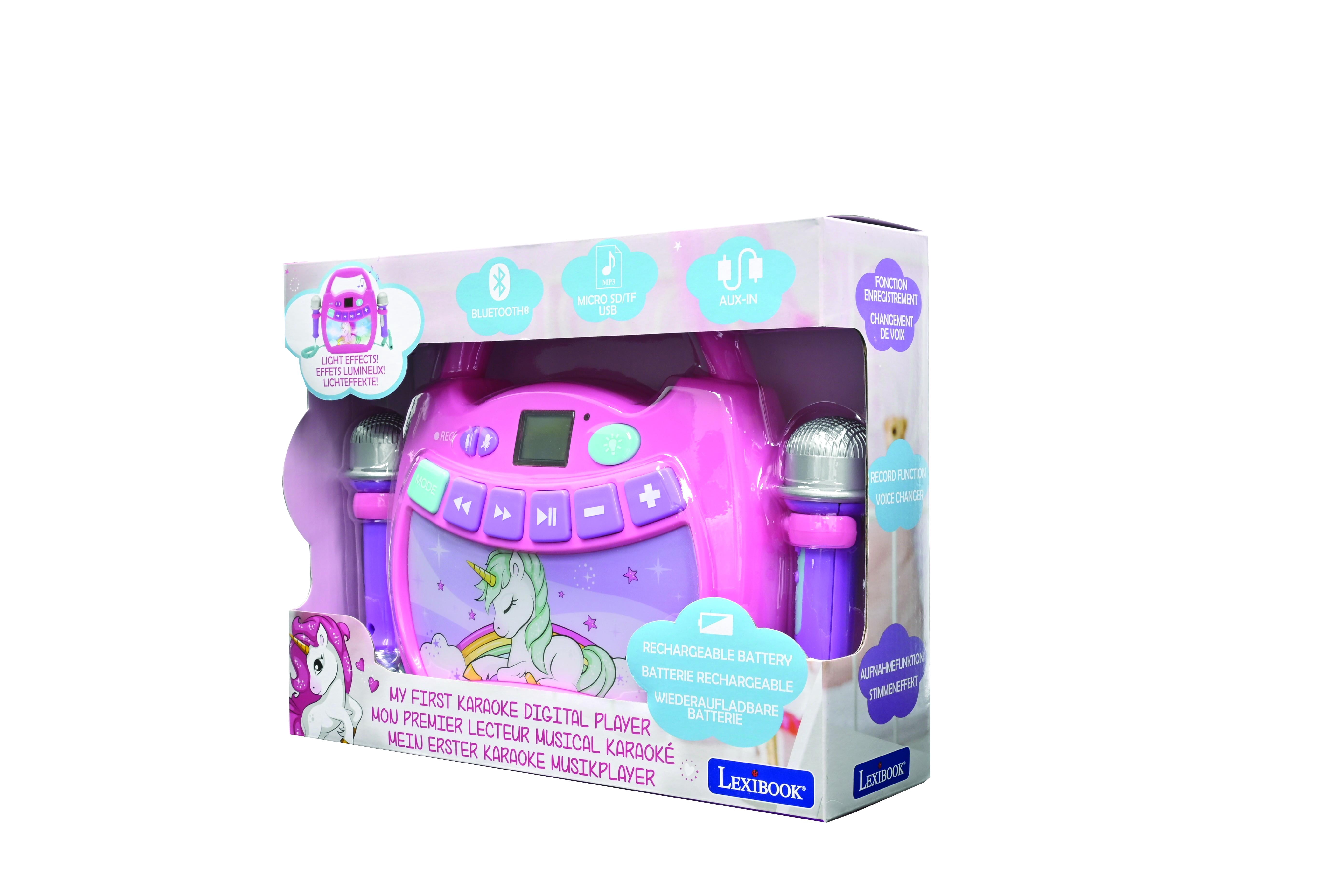 Lexibook Unicorn - Portable karaoke digital player for kids – Microphones, Light effects, Bluetooth, Record and voice changer functions, Rechargeable battery, Pink