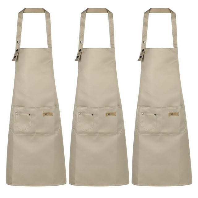 Unique Bargains 3 Pcs Tabliers de Cuisine Réglables 80x70cm Tablier en Coton avec 2 Poches pour Femmes Hommes Chef, Kaki
