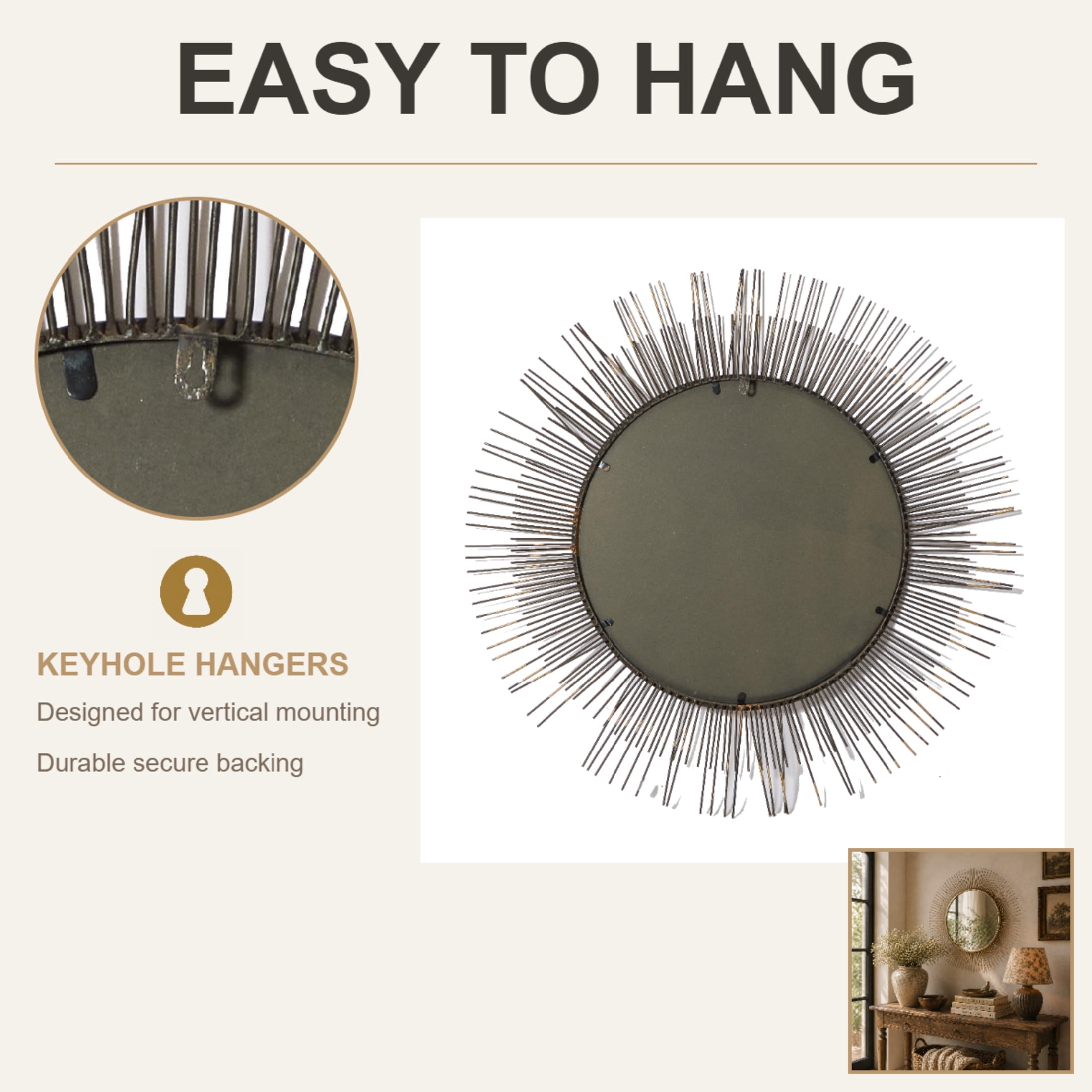 DecMode 36" x 36" Gold Starburst Wall Mirror with Thin Wire Rods