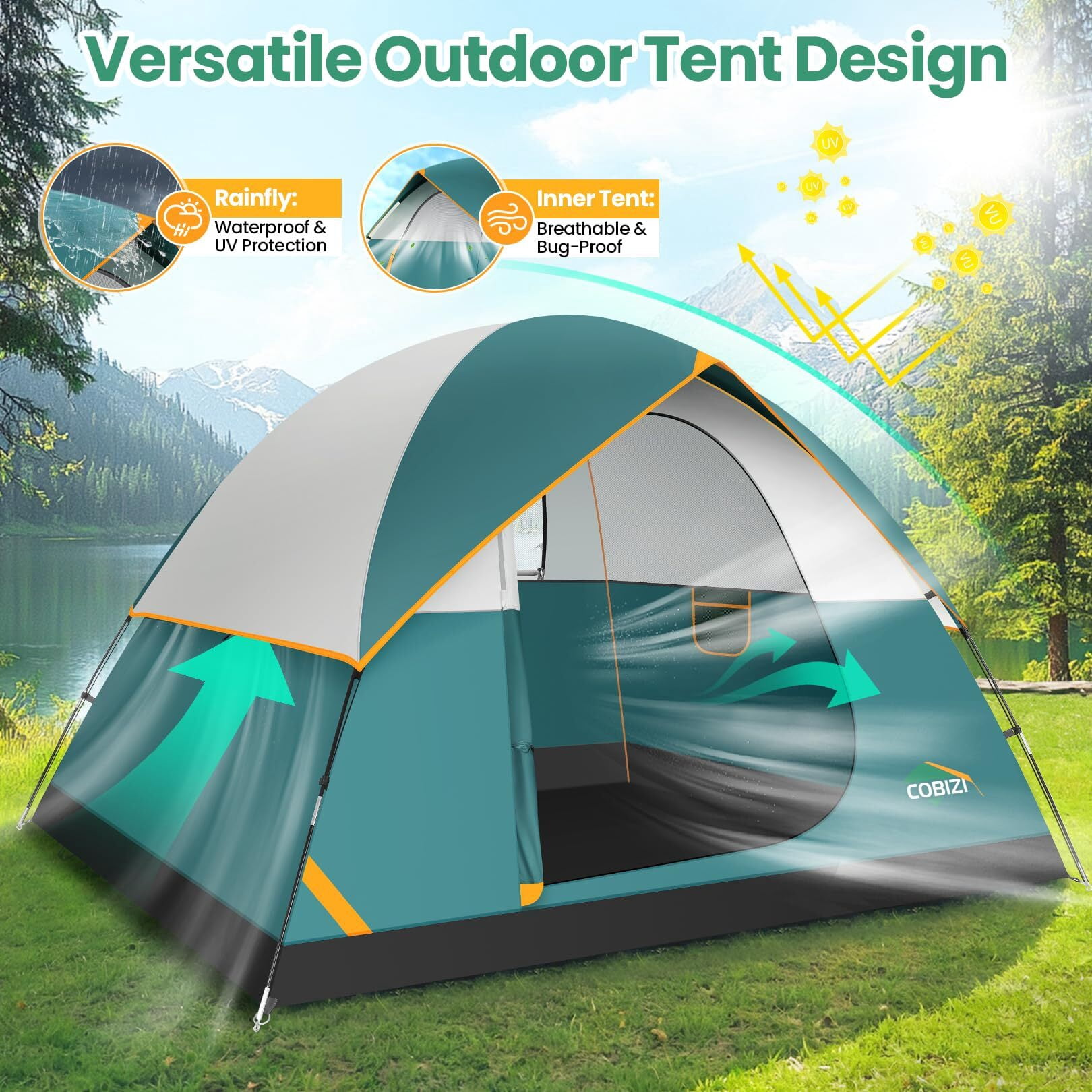 COBIZI Tents for Camping 4/6 Person Camping Tent with Rainfly and Screen, Easy Setup Lightweight Portable Waterproof Outdoor Tent with Carry Bag for Backpacking, Hiking, Family Travel