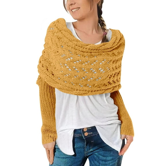 Boyscolos Multifunctional Scarf with Sleeves Knitted Cable Wrap Sweater Scarf Crochet Shrugs for Women Cozy Sleeve Wrap Shawl Yellow One Size