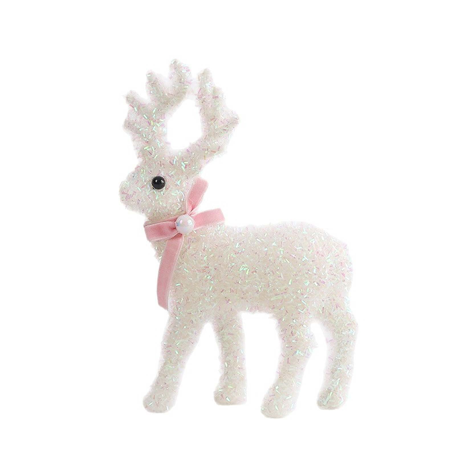 Christmas Reindeer Tabletop Decor, Glitter Standing Deer Figurine with Velvet Bow and Bells, Sparkly Holiday Ornament for Mantel, Tiered Tray, Window Sill and Xmas Party Centerpiece