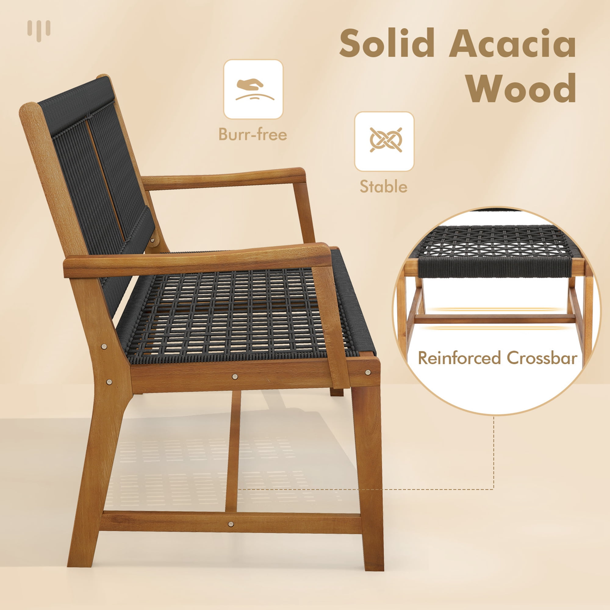 Costway Patio 2pcs Acacia Wood Dining Chairs All-Weather Rope Woven Armchairs Outdoor