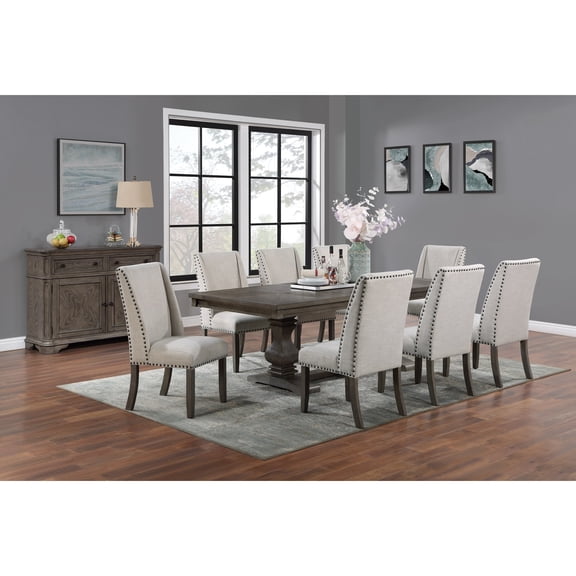 Miekor Furniture Traditional Formal 9pc Dining Set Table w Leaf 8x Side Chairs Pedestal Base Oak Finish Table Wingback Design Upholstered Cushion Dining Room 95026