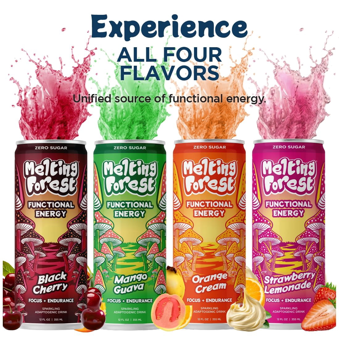 Melting Forest Mushroom Energy Drink, Black Cherry, Flavored Sparkling Water, Mushroom-Infused Seltzer, 5 Calories Zero Sugar — 12 Pack