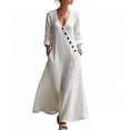thumbnail image 2 of Pounoo Women's Maxi Dresses V Neck 3/4 Sleeve Linen Blend With Side Buttons Weekend Strolls Soft Breathable Loose Fit Casual Sundresses Gift, 2 of 5
