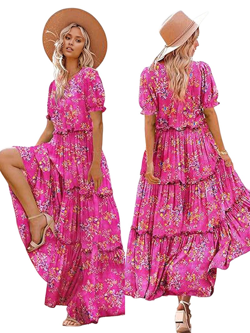 Summer Casual Bohemian Floral Dresses for Women Puff Short Sleeve Long Maxi Dress with Pockets Red S