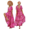 thumbnail image 3 of Summer Casual Bohemian Floral Dresses for Women Puff Short Sleeve Long Maxi Dress with Pockets Red S, 3 of 7