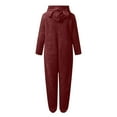 thumbnail image 4 of Fleece Pajamas Women with Hoodie New Women Solid Color Long Sleeve Hooded Jumpsuit Pajamas Casual Winter Warm Romper Sleepwear Style B-18 Wine XXL, 4 of 6
