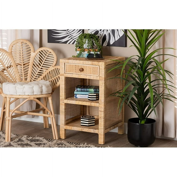 Baxton Studio Bella Modern Bohemian Natural Brown Mahogany Wood and Natural Rattan 1-Drawer Nightstand