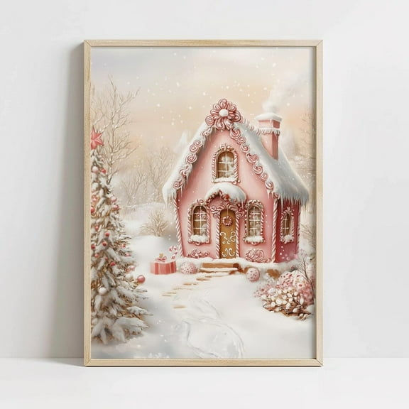 Miluva Cozy Pink Gingerbread House , Printable Kitchen Art, Peppermint Candy, Winter Home Decor, Vintage Holiday Nursery Print Decor For Living Room Bedroom, 8x12 UNFRAMED