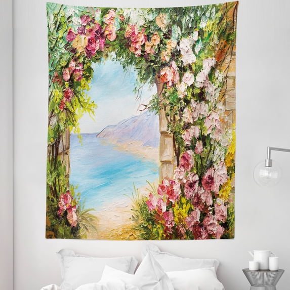 Art Tapestry, Old Antique Arch Covered by Rose Petals Branches Romantic Italian Panorama Sea Print, Fabric Wall Hanging Decor for Bedroom Living Room Dorm, 5 Sizes, Multicolor, by Ambesonne