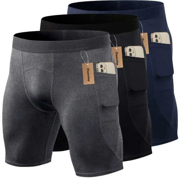 Pack de 3 pantalones cortos deportivos para hombre, ropa interior de entrenamiento activo, pantalones cortos de compresión para hombre, pantalones cortos de secado rápido con bolsillo yeacher Negro x gris x azul oscuro