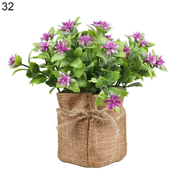 Artificial Flowers with Burlap Cloth Potted Mini Fake Flowers Indoor Outdoor Home Bathroom Office Decoration