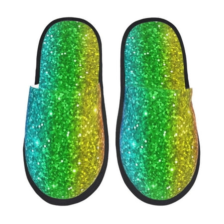 Balery Glitter Rainbow Slient Indoor Furry Fleece Comfort House Shoes Soft Non-Slip Home Shoes Cotton slippers House Slippers-- Medium