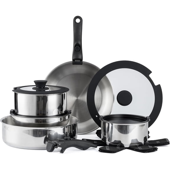 Country Kitchen Pots and Pans Cookware Set, 16-Piece Stainless Steel with Removable Handle, Silver