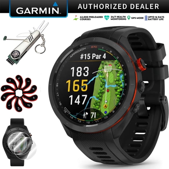 Garmin 010-02746-02 Approach S70 42 mm Premium GPS Golf Watch, Black Band Bundle with Deco Essentials 2-Pack Screen Protector, 7-in-1 Multi-Function Golf Tool and Zippered Iron Head Covers Set