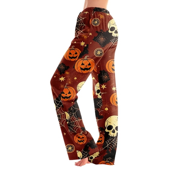 Women Pajama Pants Baggy Wide Leg Funny Pumpkin Halloween Pjs Pants | Pumpkin Printed, Elastic Waist Pull on, Night Lounge Pants, Fall Winter Soft,Ladies Pajamas Bottoms Brown,M