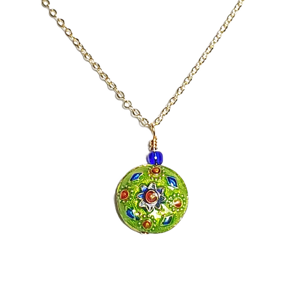 Green Cloisonne Necklace with Blue and Red Accents