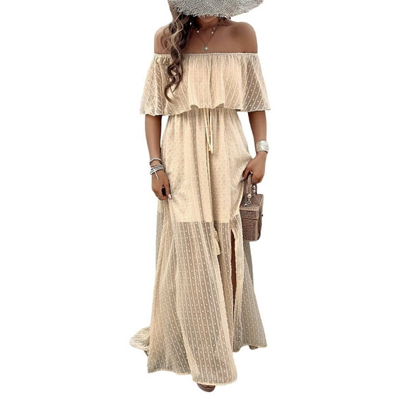 Women'S Off Shoulder Dot Maxi Dress Ruffle Corset Tassel High Waist Sundress Split Solid Casual Long Dress Apricot XL