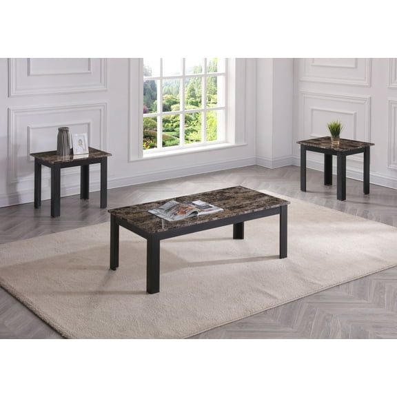 Miekor Furniture 3pc Set Traditional Style Rectangular Coffee Table Square Shape End Table Wooden Legs Faux Marble Top Wooden Furniture Brown Finish 2911