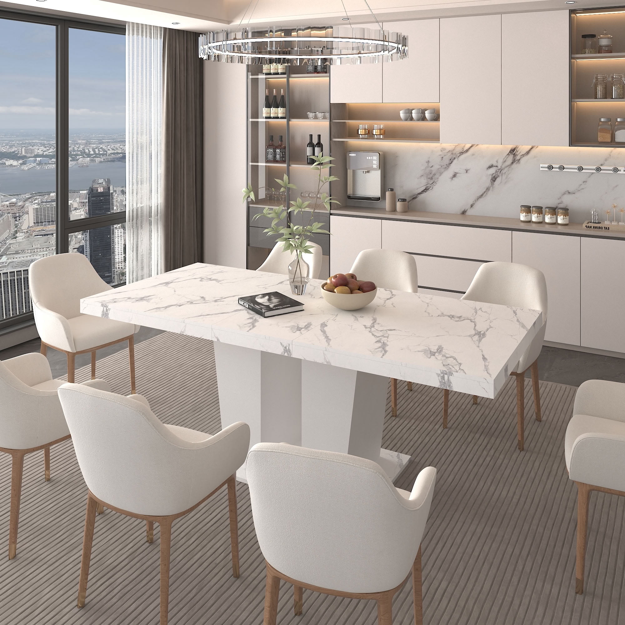 MAYEERTY Expandable Rectangular Dining Table for 6 to 10 People, Extendable Kitchen Dining Table with Hidden Built-in Extension Panel, Sfor Dining Room, Apartment, Kitchen, Family Gathering Furniture