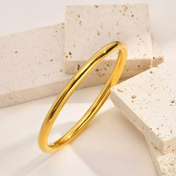 18K Gold Plating Round Bangle 5mm Womens Stainless Steel High Polished Bracelet