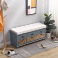 thumbnail image 1 of Wicker Storage Bench Farmhouse Bench with Upholstered Cushion and 3 Drawers, Hallway Organizer Entryway Shoe Storage Bench with 3 Rattan Baskets for Living Room (Blue), 1 of 8