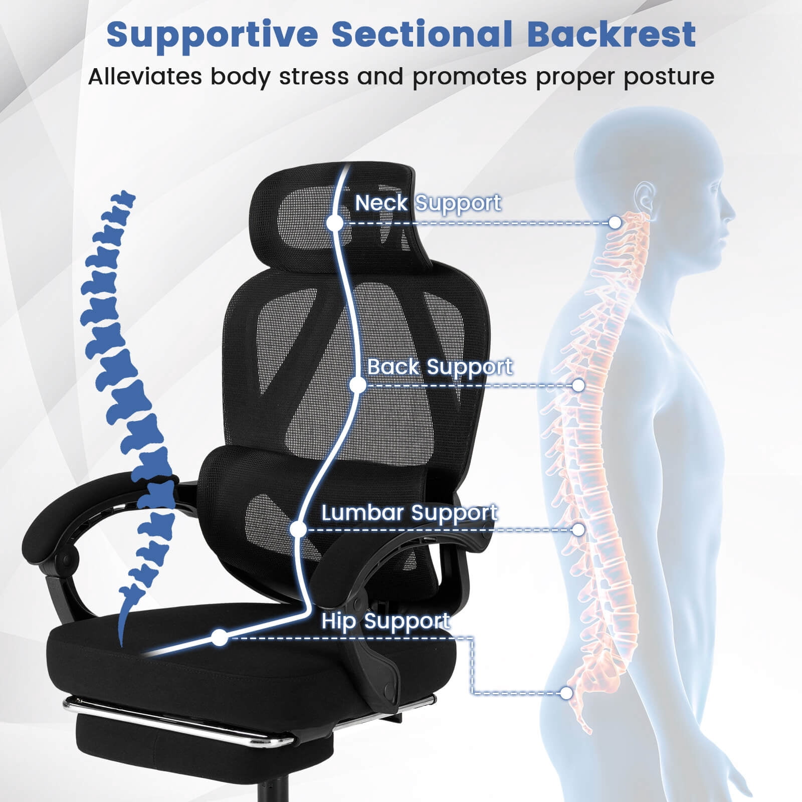 Costway Ergonomic Office Chair with Retractable Footrest & 135° Stepless Tilting Backrest