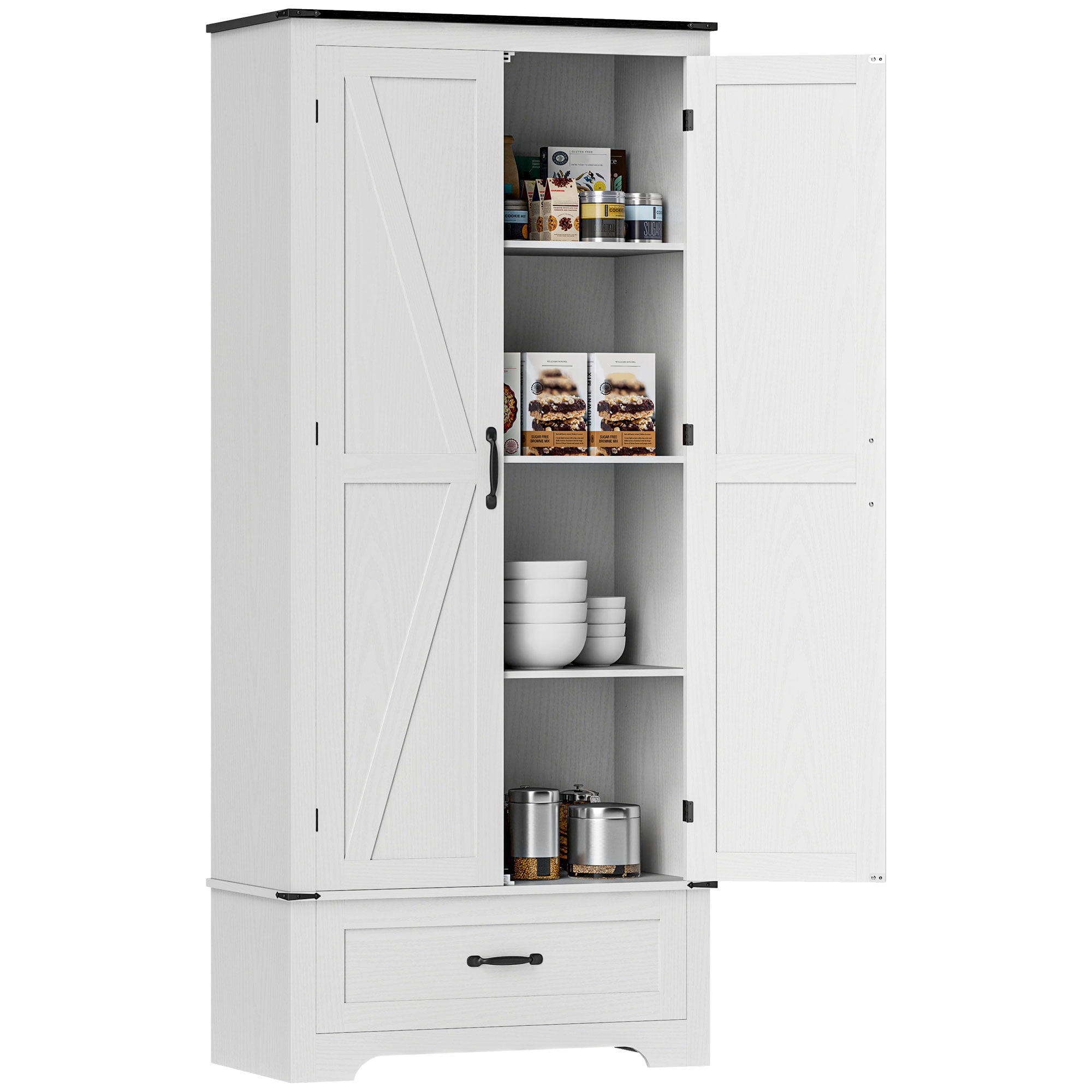 HOMCOM 72" Farmhouse Pantry Cabinet with Barn Doors, Tall Kitchen Pantry Storage Cabinet with Adjustable Shelves and Drawer, Distressed White