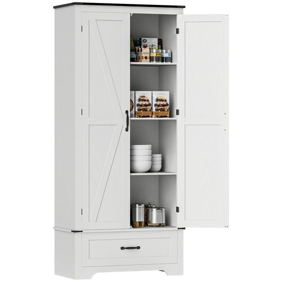 HOMCOM Farmhouse Pantry Cabinet, Kitchen Cabinet, White Wood Grain