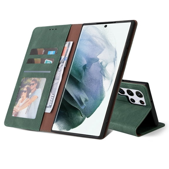 Galaxy S22 Ultra Case with Stand, Allytech Premium Slim PU Leather & Inner TPU Bumper Shockproof Card Slots Folio Book Kickstand Women Men Wallet Case for Samsung Galaxy S22 Ultra 6.8" 5G 2022, Green