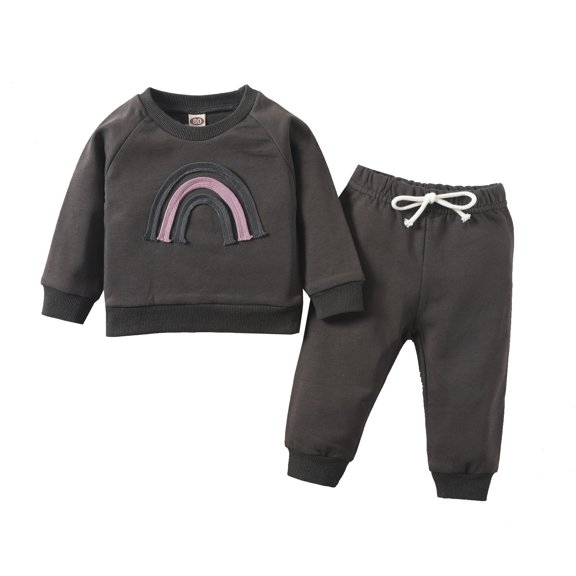 Odeerbi Toddler Sweatshirt Newborn 2024 Long Sleeve Clothes Autumn Winter Boys Girls Rainbow Tops Trousers Pants Outfit Dark Gray