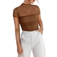 thumbnail image 6 of Raccmtaty Women Bodysuit, Short Sleeve Turtleneck See-through Patchwork Slim Fit Summer Romper Clothes, 6 of 7