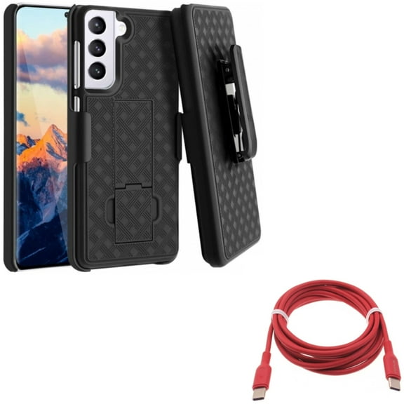 Red 6ft Long Cable w Case Belt Clip for Samsung Galaxy S21 - USB-C to Type-C PD Fast Charger Cord, Holster Swivel Cover