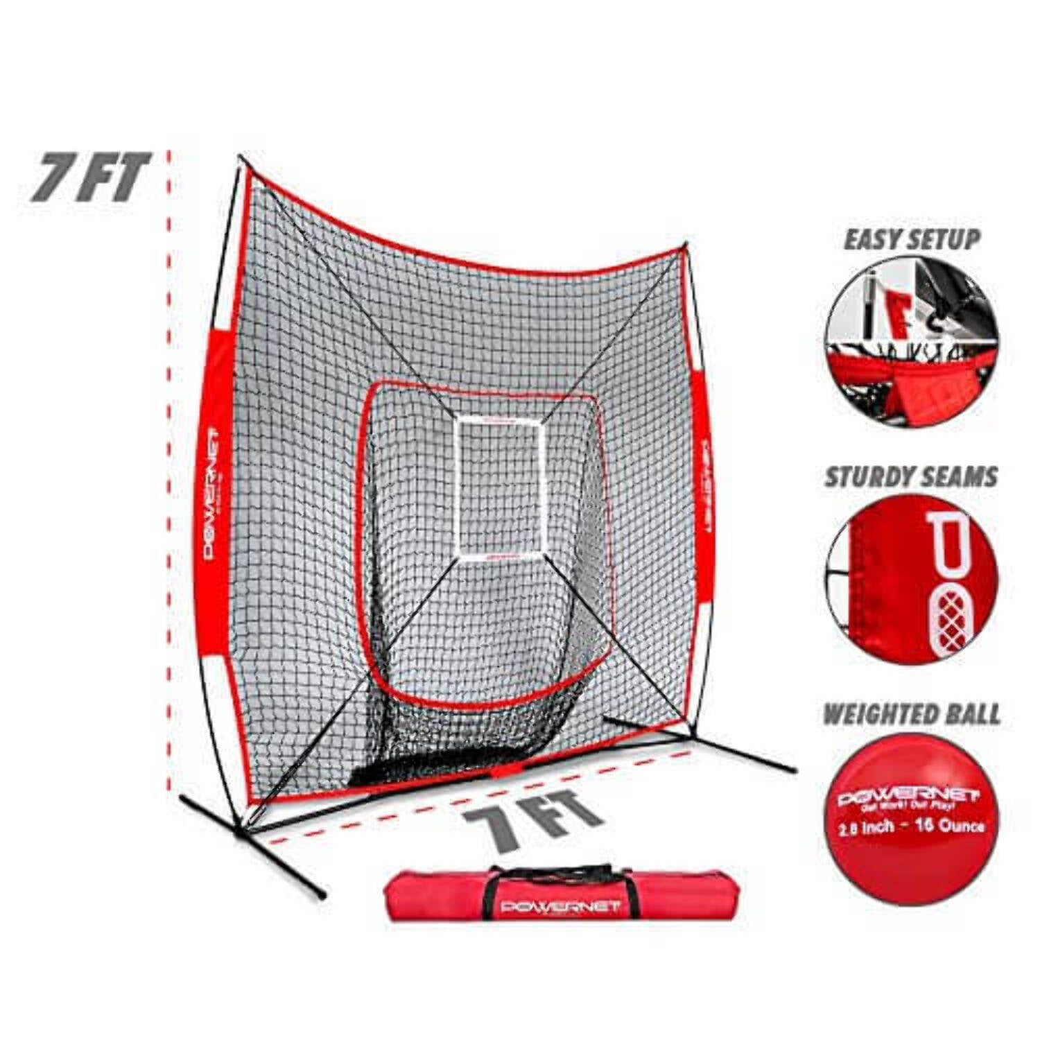 PowerNet Baseball Softball Practice Net 7x7 with Baseball Accessories for Practice Pitching & Batting, Ball Caddy, Weighted Baseballs, Tee (Pitching Kit, Black)