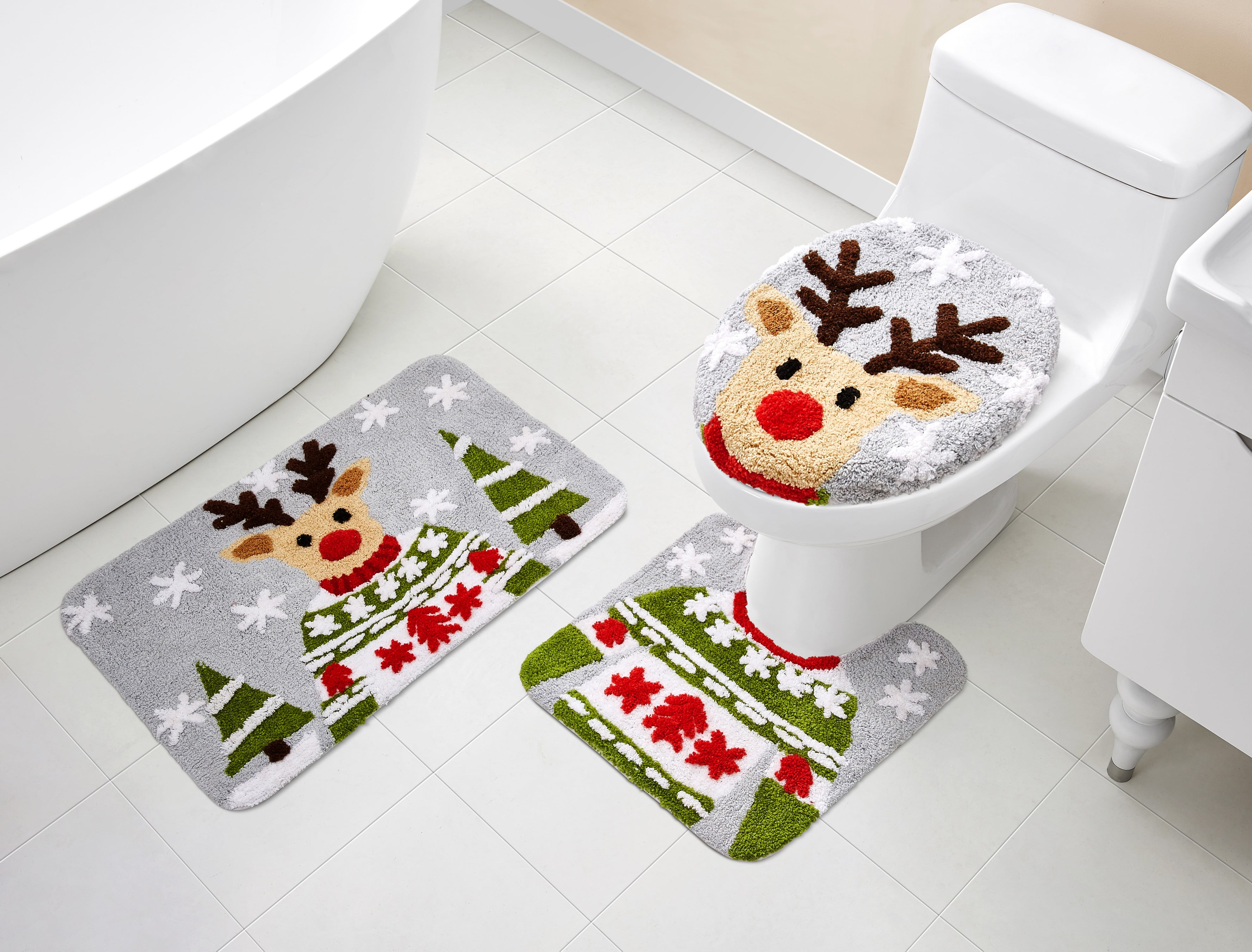 Women Trend 3 Piece Bath Rugs Set Christmas Elements Santa Claus Presents Reindeer Non-Slip Bathroom Mats Absorbent Contour Soft Mat Toilet Lid Cover Bathroom Decor Set 18x30+14x18+15x18