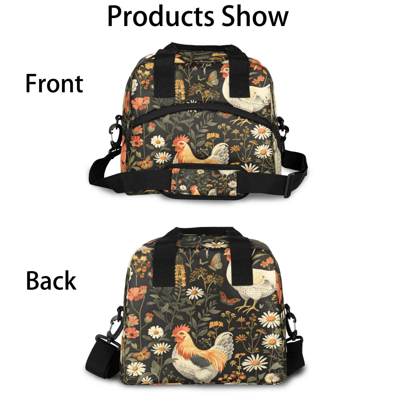 Herdesigns Chicken Cocks and Hens Rooster Insulated Lunch Bag for Women Men Adults Large Reusable Lunch Box Farm Animal Leakproof Cooler Tote Bags with Adjustable Shoulder Strap